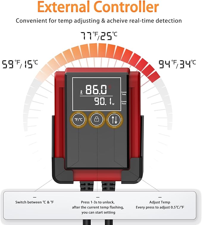 AQQA PTC Aquarium Heater 200W for Fish Tank 20-40 Gallon Digital Thermostat with External Controller Temp Range 59-94℉ with Overheat & Out-of-Water Auto Shut-Off Protection (200W for 20-40Gal)