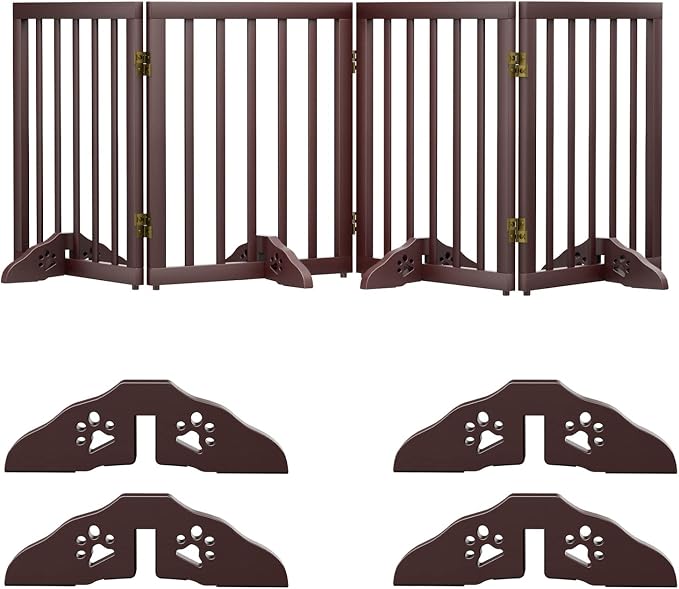 Semiocthome Freestanding Dog Gates for The House Extra Wide with 4 Panels and 4 Support Feet, 24" H Foldable Pet Gate for Stairs, Wooden Expansion Doggy Gates for Doorways, Fit Opening Up to 74" W