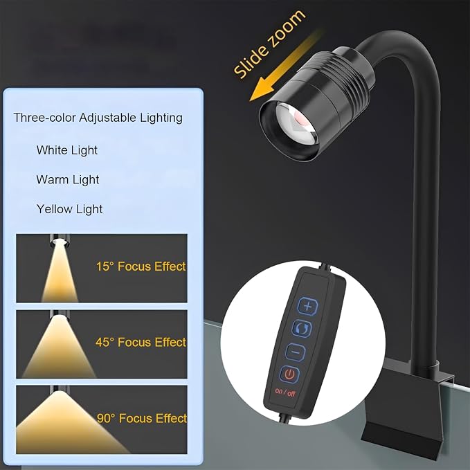 Mini Aquarium Spotlight, Clip-On Gooseneck Lamp, 15°-90° Zoom | Tri-Color White/Warm White/Warm Light, Dimmable 3W USB, 5.2 In Gooseneck, Fits Glass Up To 8mm