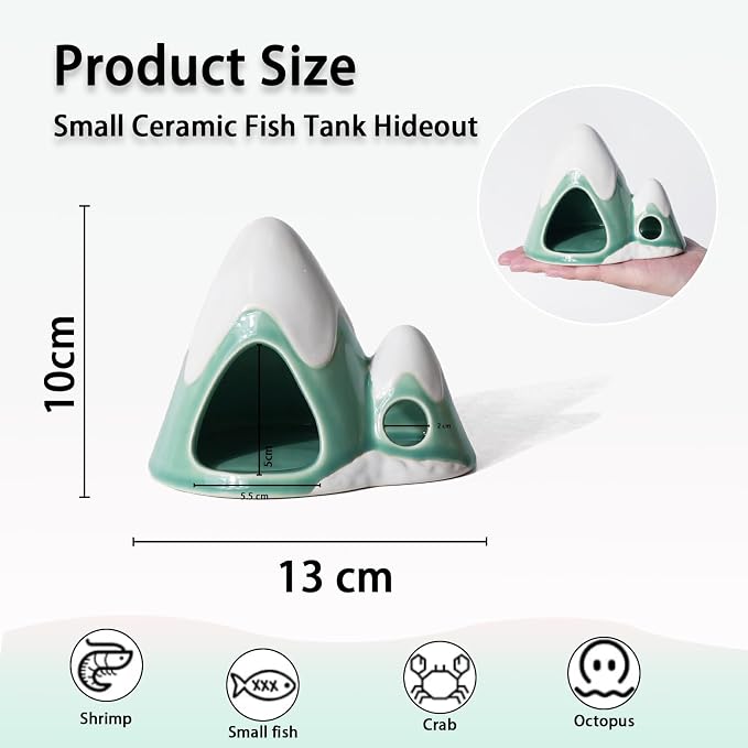 Cute Green Aquarium Decor Ceramic Mountain Betta Fish Tank Cave | Smooth-Surface Safe for Fish Hiding & Breeding, Easy-Clean, No Assembly, for Play & Rest,Fits 3.5-5 Gallon Fish Tanks