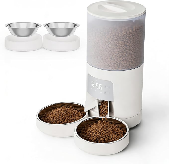 NEWBULIG Automatic Cat Feeder for 2 Cats, 6L Timed Pet Feeders with 10s Voice Recorder, Dog Food Dispenser, Dry Food, 6 Meals, Programmable 50 Portions, Dual Power Supply