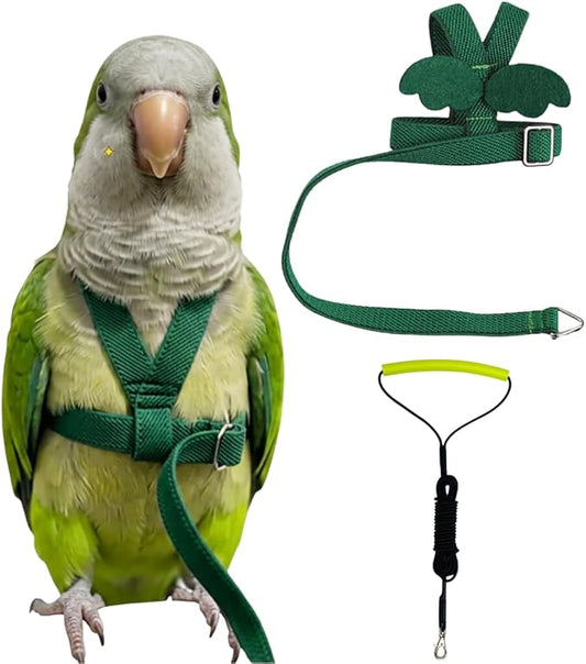 Adjustable Bird Harness with Elastic Leash, Pet Parrot Harness and Leash, Adjustable Training Design Anti-Bite, Bird Nylon Rope with Cute Wing for Conure (Deep Green,L)
