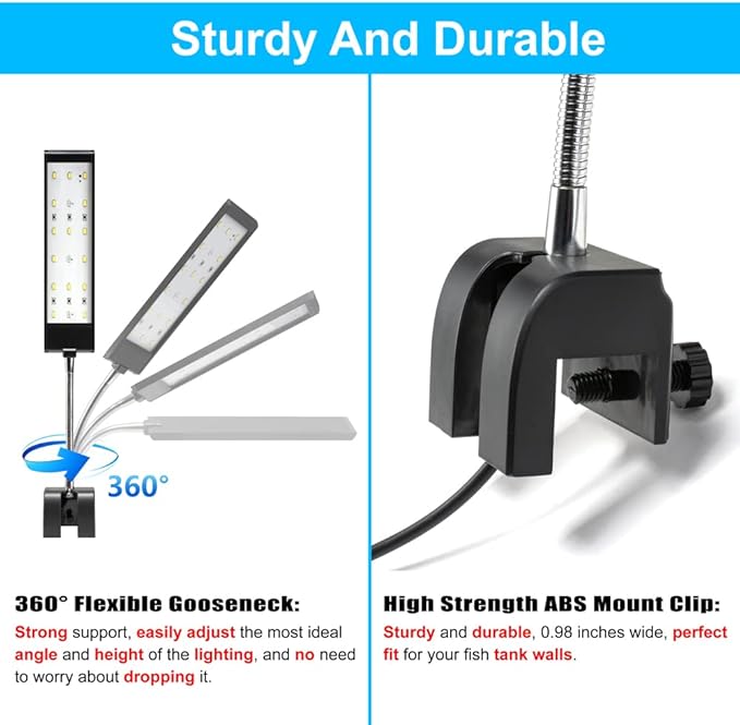 DaToo Aquarium Light Small LED Clip Light for Fish Tank 7W with Timer&Dimmer, 1 Yr Warranty