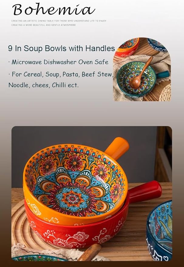 Bohemian Ceramic Soup Bowl with Handle – 23oz, 8.66" – Handmade Spagehetti Bowl Colorful Floral – Wide Shallow for Soup Microwave & Dishwasher Safe Pasta Salad Dish Green 1 PC