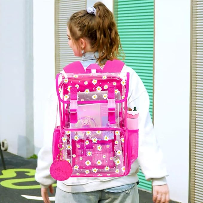 17" Daisy Clear Backpack for Girls - Flip Design Stadium Approved 3Pcs Set, Heavy Duty PVC Bookbag for Concert/School (Rose)