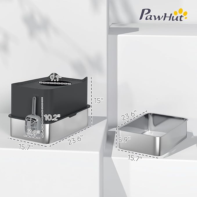 PawHut XL Stainless Steel Litter Box, Extra Large Enclosed Cat Litter Pan with High Wall Sides, Scoop, Top Entrance, Non-Slip Pads, Anti-Urine Leakage, Non-Sticky, Black