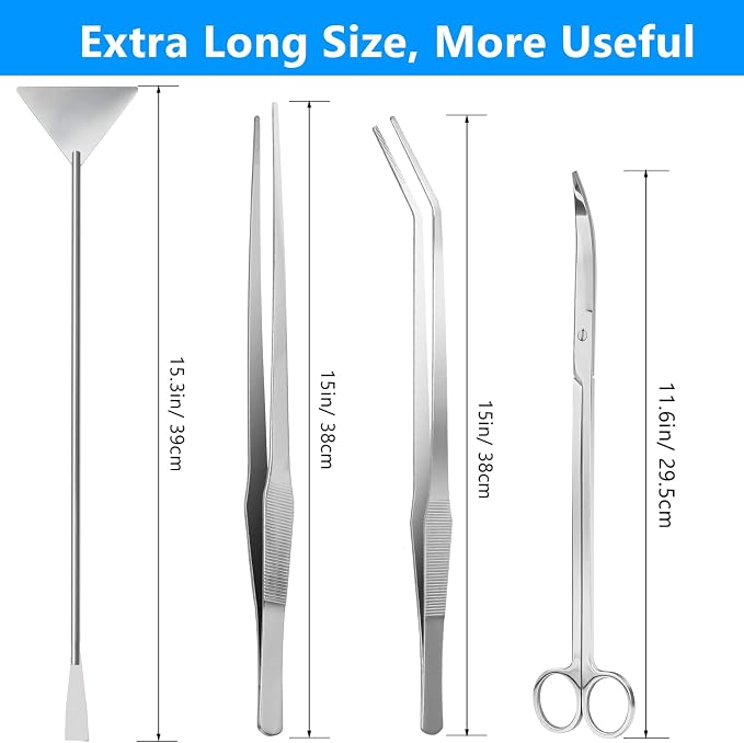 15" Aquarium Aquascape Tools Kit 4P Stainless Steel Aquascaping Set | 4in1 Extra Long Full Metal Design, Scissors, 2P Tweezers And Sand Spatula, For Trimming Plants, Arranging Sand And Aquascape