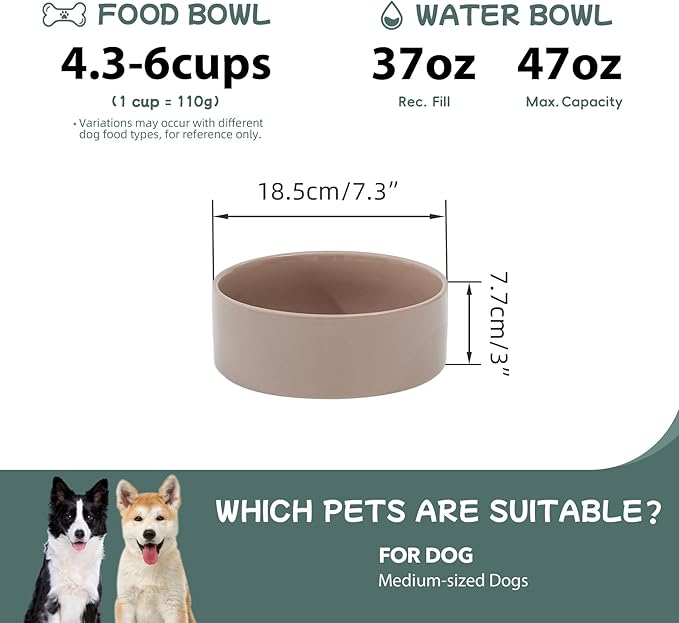 Havniva Ceramic 7.3inch Dog Bowl, Food and Water Bowl for Medium Breed Dog, Pet Feeder for Replacement (Single Bowl, Brown Coffee)
