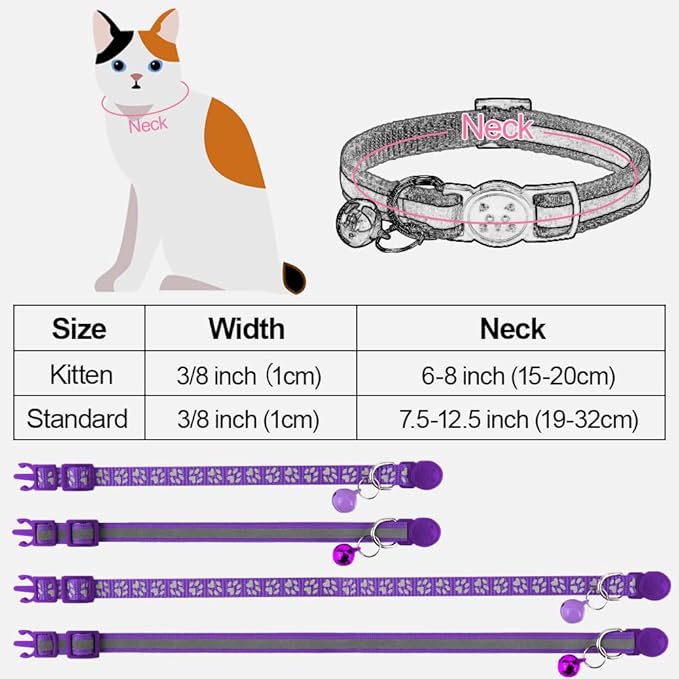 Taglory Reflective Cat Collar Breakaway with Bell, High Visibility Night Strip, Lightweight Adjustable Nylon Collar for Boy Girl Cats, 2 Pack, 7.5-12.5 Inch, Purple