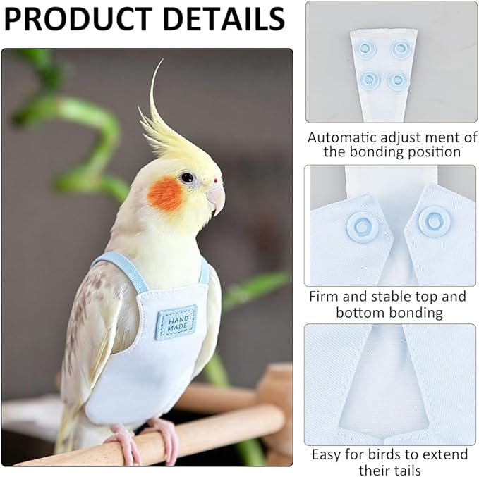 SUPERFINDINGS Snap Closure Parrot Diaper with Adjustable Leash Reusable Bird Flight Suit 2.09Inch Leash Small Parakeet Harness Small Bird Flight Suit Diaper for Indoor Outdoor Training Light Sky Blue
