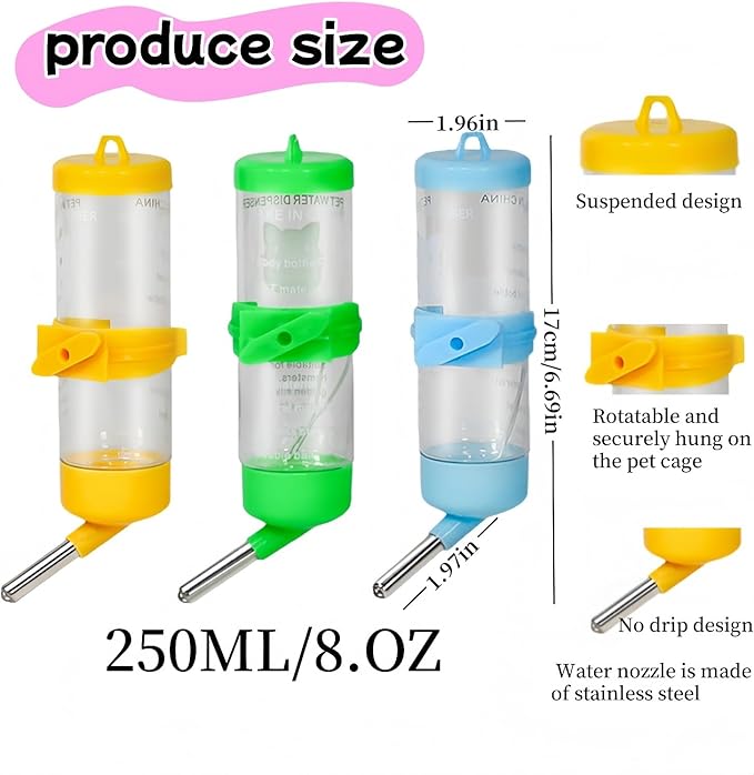 3 PCS 8.45 oz Hamster Water Bottles, No Drip Hanging Small Animal Drinking Bottles,Cage Water Bottles for Hedgehog/Squirrel/Hamster/Gerbil/Guinea Pig/Rabbit