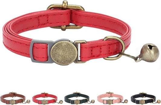 THAIN Leather Cat Collar with Bell Breakaway- Adjustable, Durable, Retro Bell fit Most Cats and Kittens (Red)