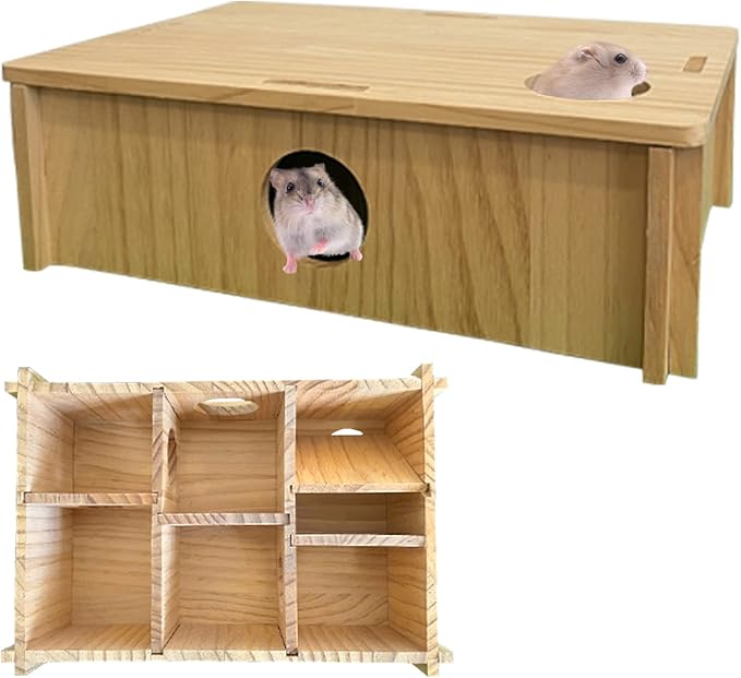 Multi Room Hamster Hideout,Wooden Hamster Multichamber House Platform,Chamber-Maze Gerbil Hideout Wood Tunnel Pet Rat Cage Accessories