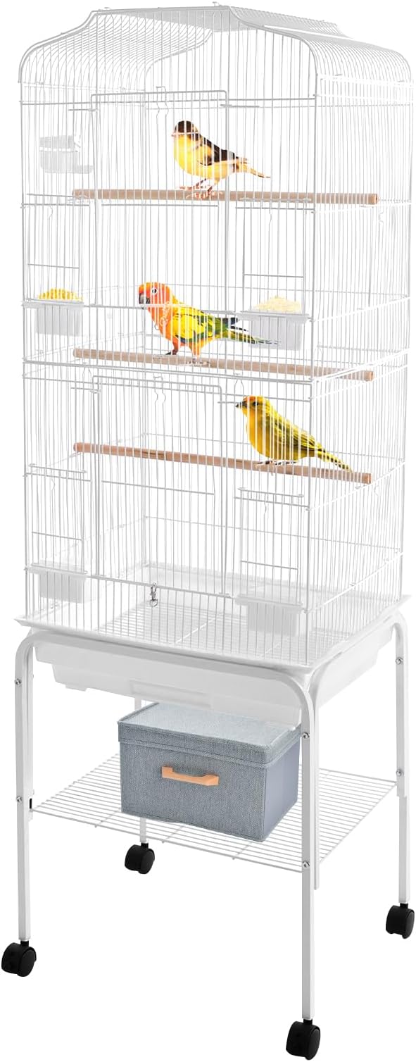 54in Metal Bird Cage Large Parakeet Cages for Parrot, Cockatiel, Lovebird, Pigeon Pagoda Bird House with Rolling Stand,Feeding Bowls & Waterer (White-54in)