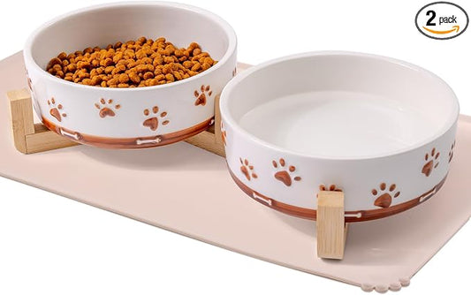 Dog Bowls with Wood Stand, 1.7 Cups Ceramic Puppy Bowls with Mat for Small Dog Weighted Water and Food Bowl Set for Dogs Cats, Non-Slip Pet Feeding Dish 13.5 Oz