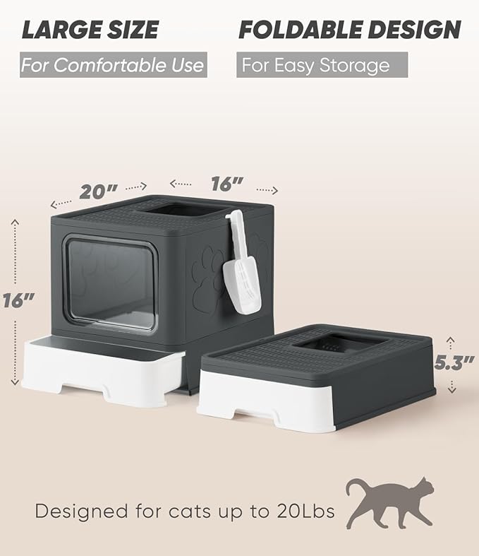 Covered Litter Box, Large Litter Box for Big Cats, Enclosed Cat Litter Boxes with Lid, Top Entry Kitty Litter Box with Scoop, Odor Control, Easy to Clean (Black)