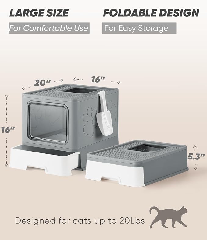Covered Litter Box, Large Litter Box for Big Cats, Enclosed Cat Litter Boxes with Lid, Top Entry Kitty Litter Box with Scoop, Odor Control, Easy to Clean (Grey)