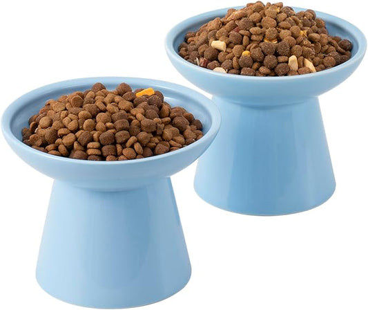 CEEFU Extra Wide Elevated Ceramic Cat Bowl, 6.2" Shallow Dish for Whisker Fatigue Relief, 5" Height for Easy Feeding, Durable Raised Cat Food Bowls, Pack of 2, Blue
