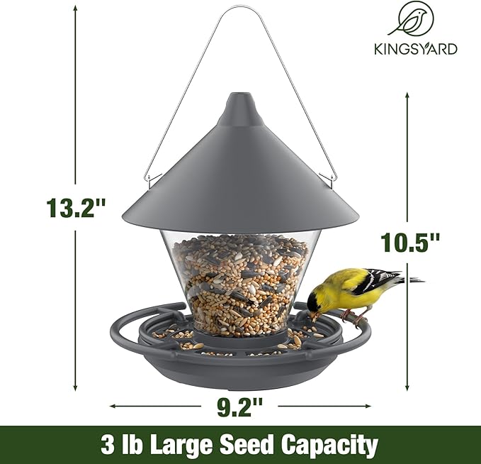 Kingsyard Wild Bird Feeder for Outdoors Hanging, No-Waste Tray with Seed Guard & Circular Perch, Garden Yard for Cardinal Finch, 4 lb Large Capacity, Grey