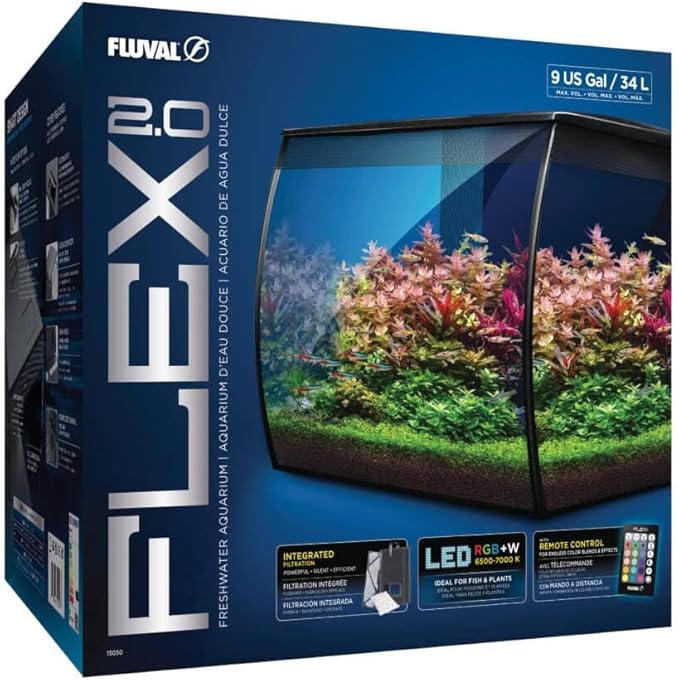 Fluval Flex 2.0 Aquarium Kit - Freshwater Fish Tank with Curved Glass - Includes 7500K LED Light, Lid and 3-Stage Filtration System (9 Gallon)