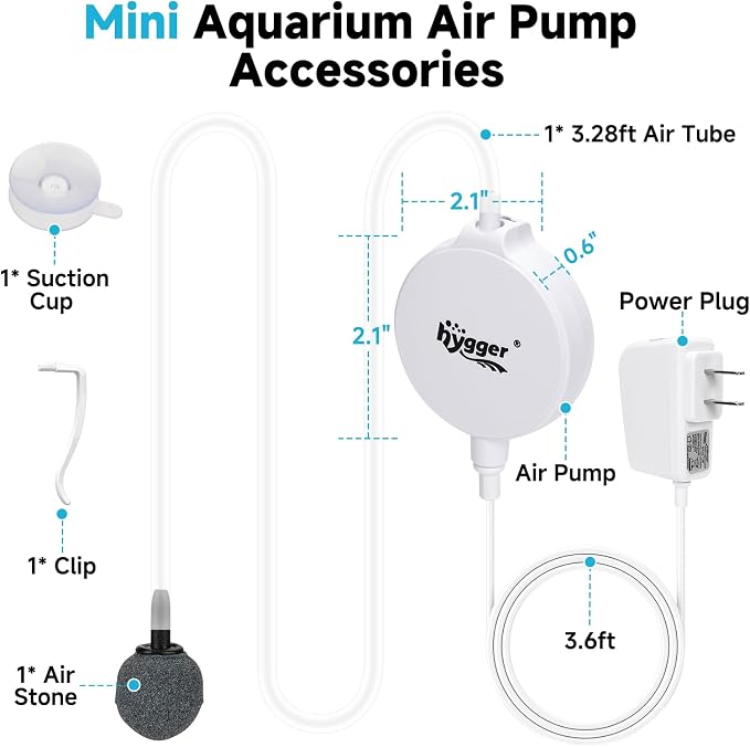 hygger 1.5 Watt Mini Aquarium Air Pump, Quiet Aerator with Air Stone Tubing Suction Cup Clip, Small Fish Tank Bubbler Oxygen Pump for 1 to 15 Gallon Betta Tank, Fish Bowl, Desk Small Tank