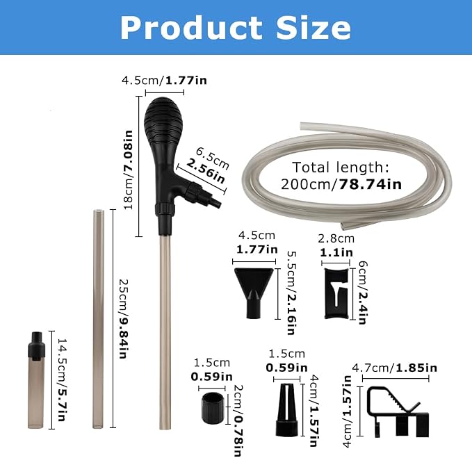 Small Fish Aquarium Gravel Cleaner Kit - Manual 80GPH Strong Suction Gravel Vacuum for Aquarium, Water Changer, Sand Washer, Glass Cleaner & Waste Remover for 5-80 Gallon Tanks, 200cm Hose