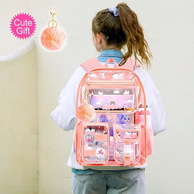 CCJPX 3Pcs Clear Backpack for Girls, School Transparent Bookbag, Heavy Duty See Through Backpacks for Teens Elementary