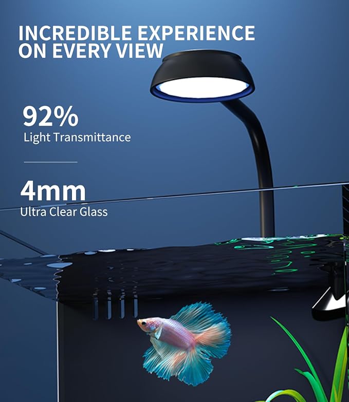 2 Gallon Glass Fish Tank Kit with Hidden Filtration Light Lid Rimless | Black Background, Dry-wet Separation Filtration, Self-cleaning, Ultra-quiet, Adjustable Water Flow, for Betta Shrimp Guppy