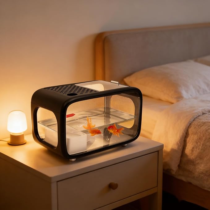 Desktop Fish Tank, 3.17 Gal Modern Aquarium Kit, Fish Bowl with Clear View Cover, Top Feeding Hole and Built-in Climbing Frame, for Small Aquatic Pets, Turtles, Shrimp Home Office Use