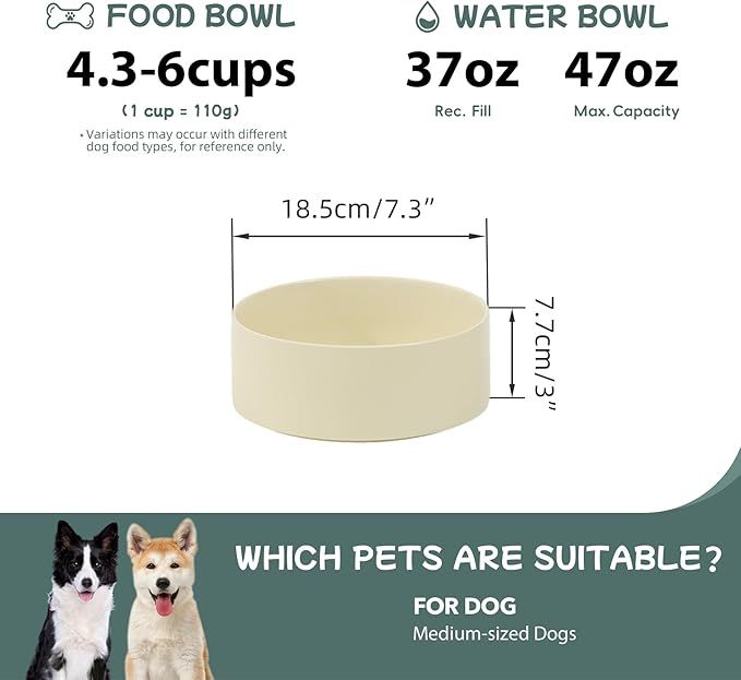 Havniva Ceramic 7.3inch Dog Bowl, Food and Water Bowl for Medium Breed Dog, Pet Feeder for Replacement (Single Bowl, Light Yellow)