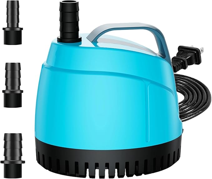 450GPH Submersible Water Pump Ultra Quiet (1700L/H, 25W),Bottom Suction Pond Pump with 3 Nozzles,6.5ft Lift,6ft Power Cord,Adjustable Flow for Aquarium,Fish Tank,Outdoor Fountain,Hydroponics
