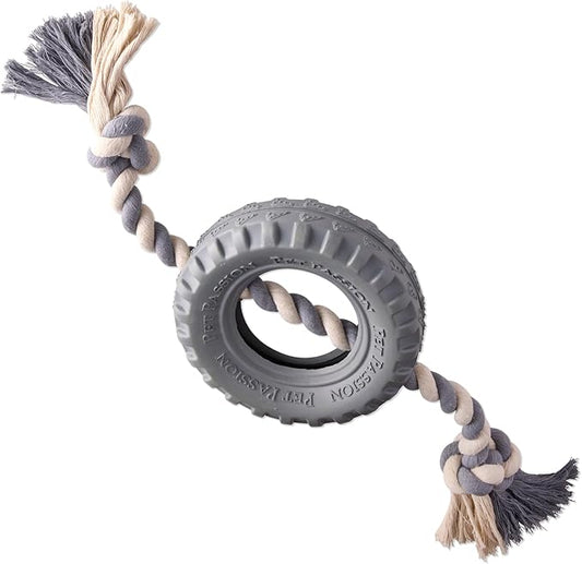Pet Passion Natural Rubber Tire and Organic Cotton Rope Pull and Chew Dog Toy for All Pet Breeds, Gray, Large