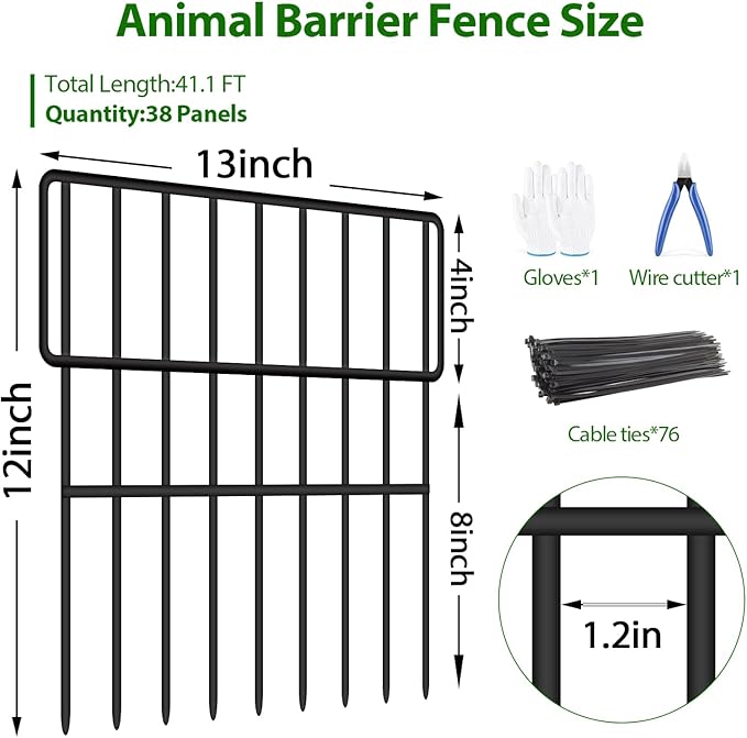 ULIOK 38 Panels Animal Barrier Fence, No Dig Fence 41.1ft(L) x12in(H), Garden Fences for Rabbits and Dog Ground Defense, Rustproof Metal Fences Border, Fenceing Bottom Blocker for Outdoor Yard Patio