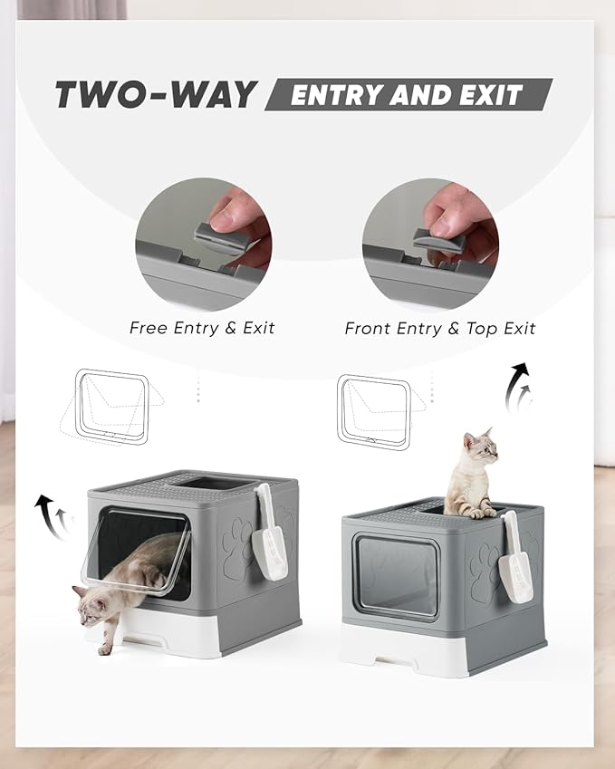 Covered Litter Box, Large Litter Box for Big Cats, Enclosed Cat Litter Boxes with Lid, Top Entry Kitty Litter Box with Scoop, Odor Control, Easy to Clean (Grey)