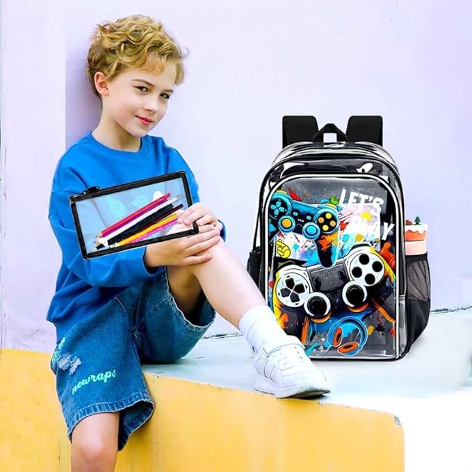 KLFVB 3PCS Clear Backpack for Girls and Boys, Kids See Through Backpacks Stadium Approved, Transparent Bookbag for Elementary