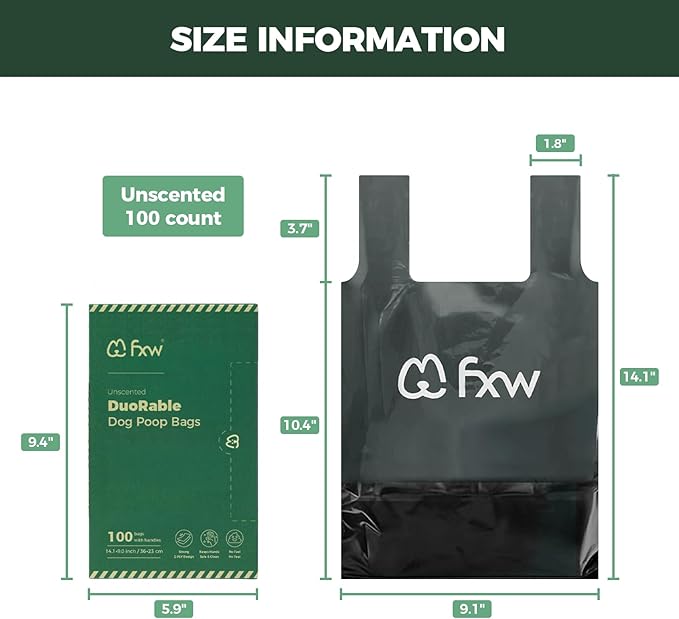 FXW Dog Poop Bags, 2-ply Extra Thick Leak-Proof, Large Size for All Dogs 14" x 9", Unscented, 100 Count