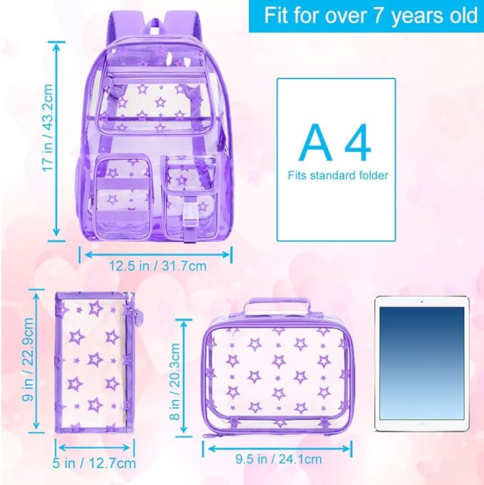 CCJPX 3Pcs Clear Backpack for Girls, School Transparent Bookbag, Heavy Duty See Through Backpacks for Teens Elementary