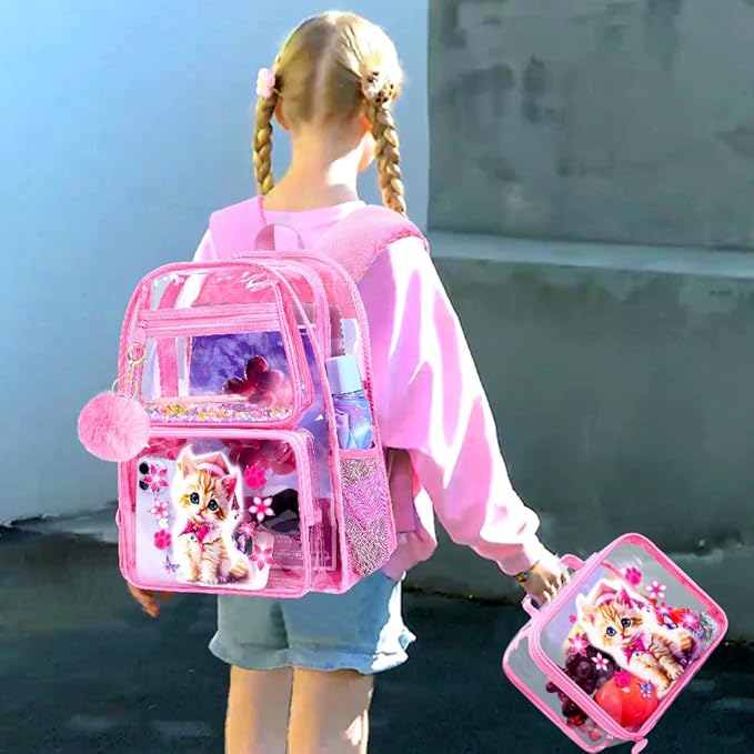AGSDON 3PCS Clear Backpack for Girls, See Through Backpacks for Kids with Lunch Box, Heavy Duty Transparent Bookbag - Cat