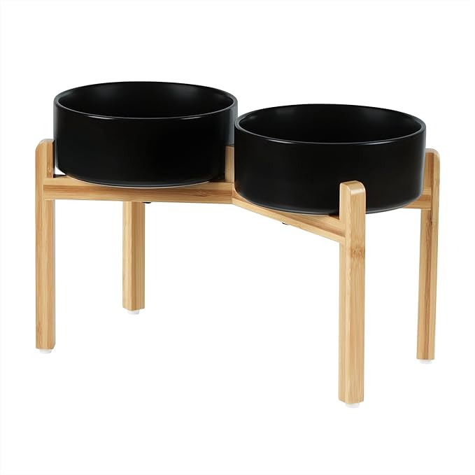 Havniva Ceramic Raised Double Bowls Set with Stand, Food & Water Bowls for Large Breed Dogs, Weighted Dog Dishes, Pet Bowl(8.2'',60OZ, Black)