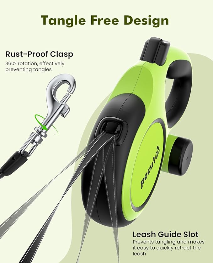 Pecute 16ft Retractable Dog Leash with 18'' Chew Proof Steel Cable for Power Chewers & Pullers, Heavy Duty Locking for Medium/Large Dogs 33lbs-110lbs, Anti-Tangle & Poop Bag Holder Included(Green)
