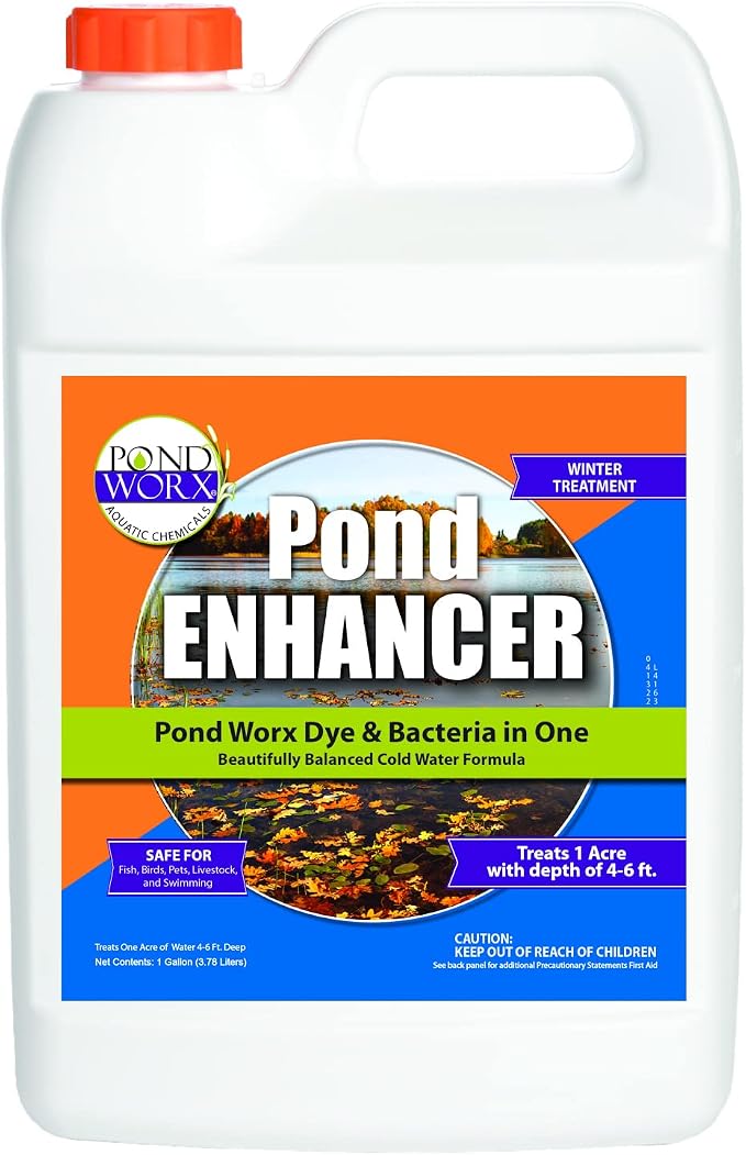 Pond Enhancer Gallon - Pondworx Concentrated Blue Dye with Pondworx Bacteria, 2 in 1 Formulation - Treats 1 Acre - Safe for Fish, Wildlife, Pets & Children