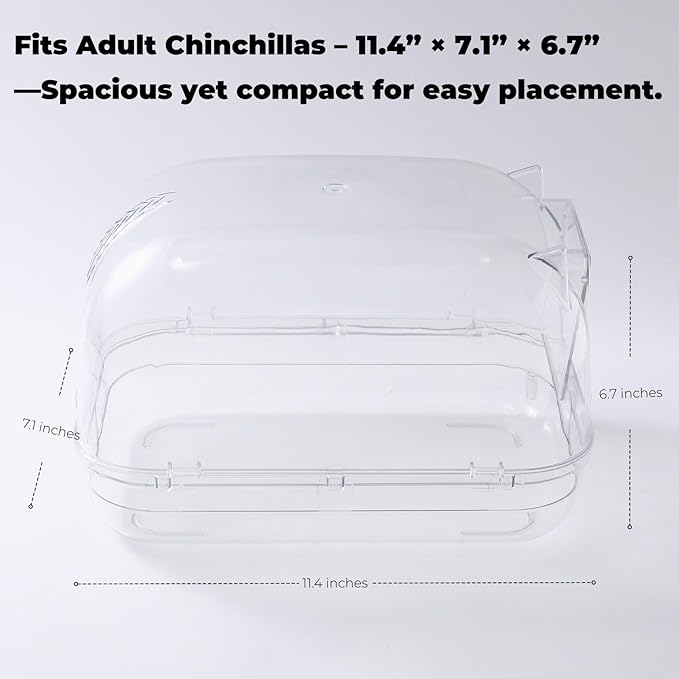 Large Chinchilla Dust Bath House, 11-Inch Clear Enclosed Bathing Hideout with Lift-Off Lid, Low-Mess Rim & Stable Non-Slip Base, Easy-Clean Design for Adult Chinchillas