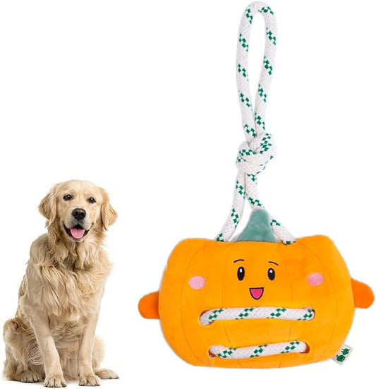 Green Sheep Interactive Plush Dog Toy, No Stuffing Squeaky Toy with Recycled Cotton Rope for Medium to Large Dogs, Pumpkin