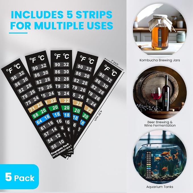 Stick On Thermometer Strip, 50-90F, 10-32C, Vertical, 5-Pack | For Fish Tanks, Aquarium Thermometer, Kombucha, Beer and Wine Fermentation, Vertical Temp Strips, Color-Changing Display