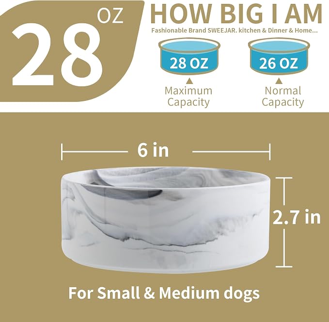 Raised/Elevated Ceramic Dog Bowl for Small Medium Sized Breeds,Dog Food Water Bowl with Stand,6 in Non Slip Heavy Pet Feeding Dish 3.6 Cups/ 850 ml /28 OZ Marble Grey