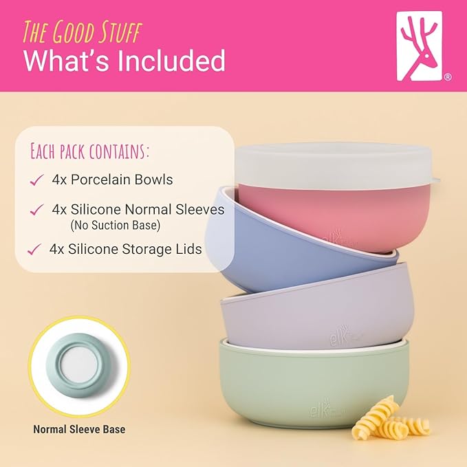 Elk and Friends Kids Porcelain Bowls with Silicone Sleeve + Silicone Lid | Kids/Toddler/Baby Feeding | Microwave & Dishwasher Safe | Non slip | Cereal/Soup/Snack Dishes & Dinnerware