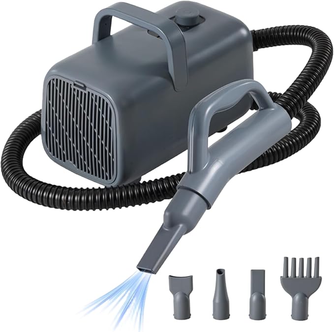 NEWBULIG Dog Hair Dryer, 1550W High Velocity Pet Blow Dryer with Heater for Grooming, Speed Temperature Adjustable Dog Blower Grooming Dryer with 4 Nozzles, Grey