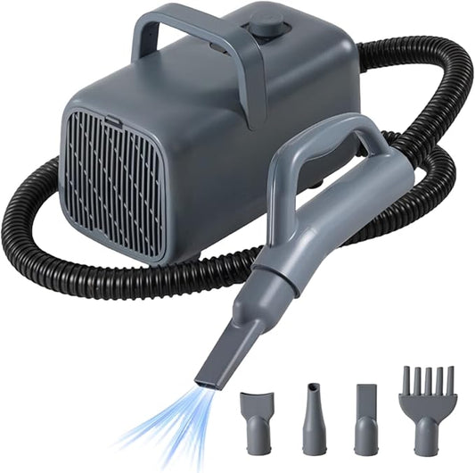 NEWBULIG Dog Hair Dryer, 1550W High Velocity Pet Blow Dryer with Heater for Grooming, Speed Temperature Adjustable Dog Blower Grooming Dryer with 4 Nozzles, Grey
