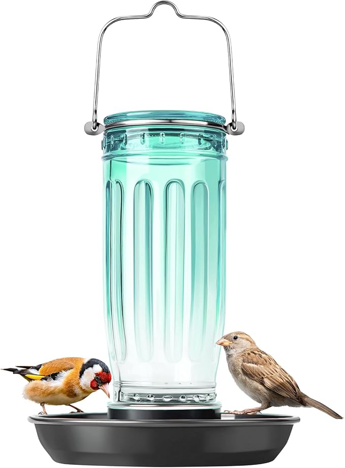 Kingsyard Glass Bird Water Dispenser for Outdoor, 16 Oz, Bird Water Feeder with Metal Hanging for Garden Yard Fence Decoration Hummingbird Cardinal Bluebird Finch, Green
