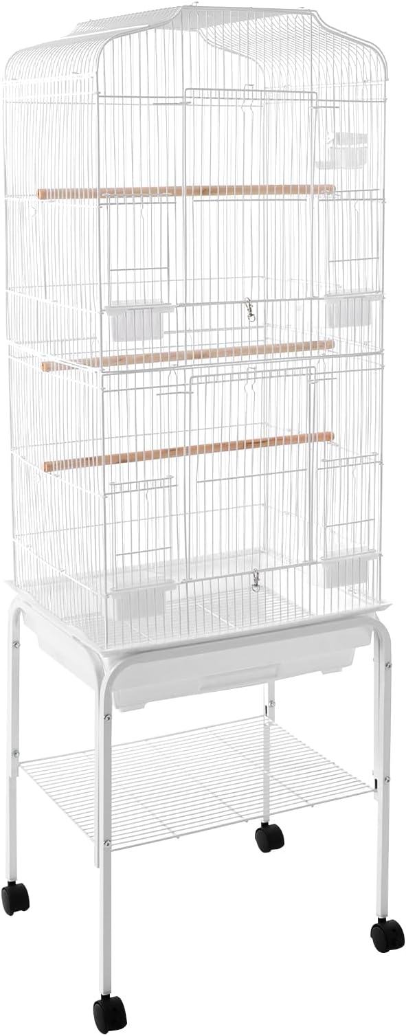 Large Bird Cage with Rolling Stand, Parrot Cage for Parakeets Cockatiels Conures, Heavy Duty Metal Birdcage with Wheels, Removable Tray & Storage Shelf for Indoor Use (White)